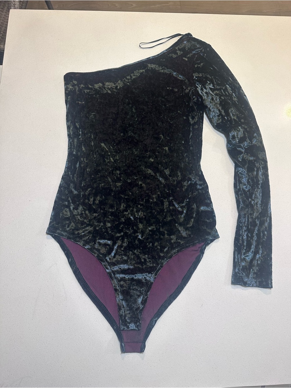 Zara One-Shoulder Crushed Velvet Bodysuit - Black